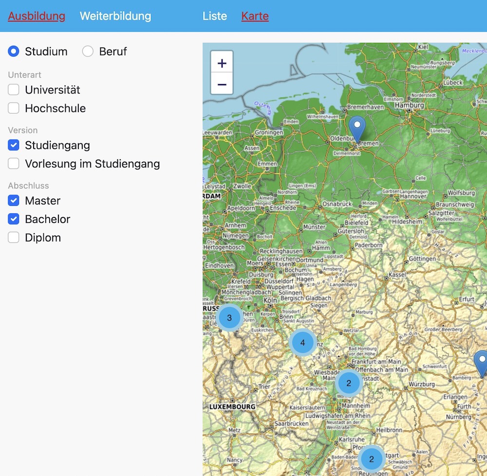 Kartenansicht mit Mapbox-Clustering für Ausbildungsstätten in Deutschland