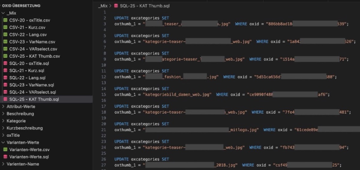 SQL-UPDATE-Batches für Kategorien, Titel und Beschreibungen zurück in OXID