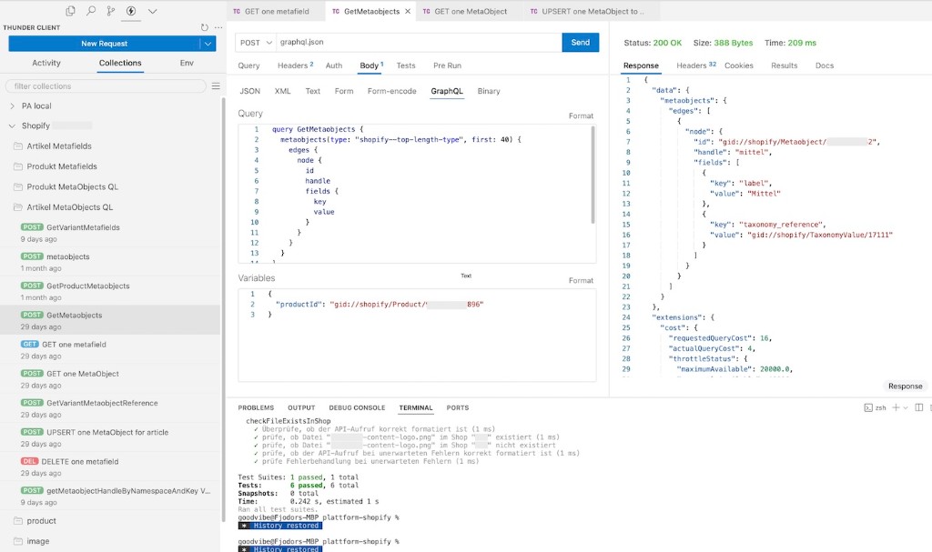 GraphQL-Abfrage für Metaobjekte in Thunder Client