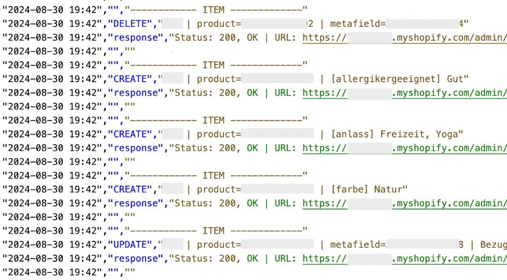 Sync-Log mit CREATE, UPDATE und DELETE für Metafelder